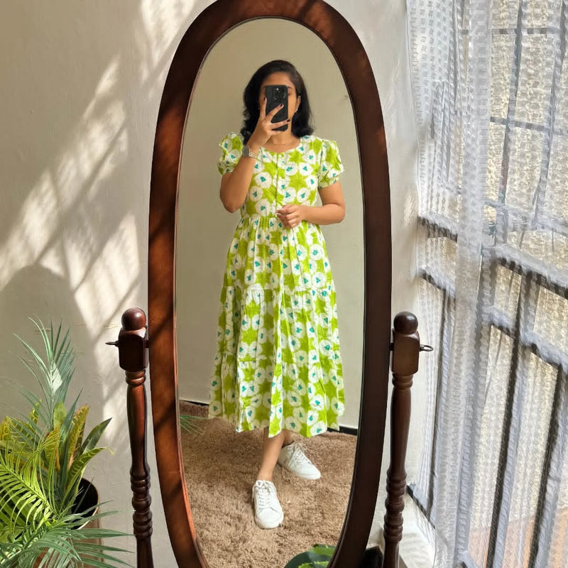 Green Ikat Print Cotton Full Flare Midi Gown