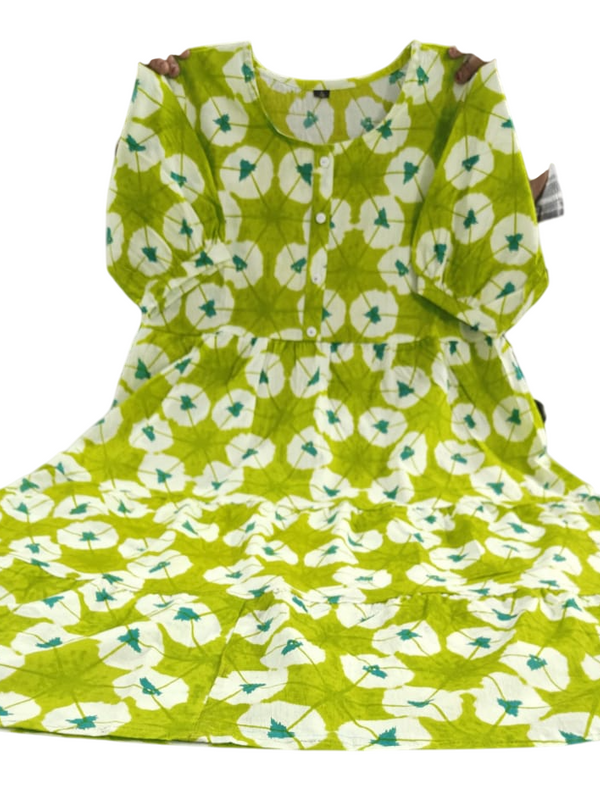 Green Ikat Print Cotton Full Flare Midi Gown