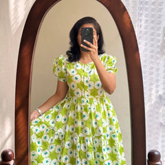 Green Ikat Print Cotton Full Flare Midi Gown