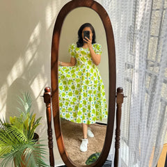 Green Ikat Print Cotton Full Flare Midi Gown