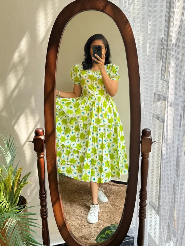 Green Ikat Print Cotton Full Flare Midi Gown