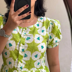 Green Ikat Print Cotton Full Flare Midi Gown