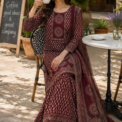 Beautiful Printed Maroon Cotton Gopi Dress Set