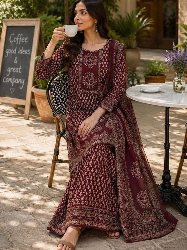 Beautiful Printed Maroon Cotton Gopi Dress Set