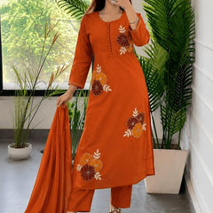 Embroidery Work Orange Cotton Suit Set
