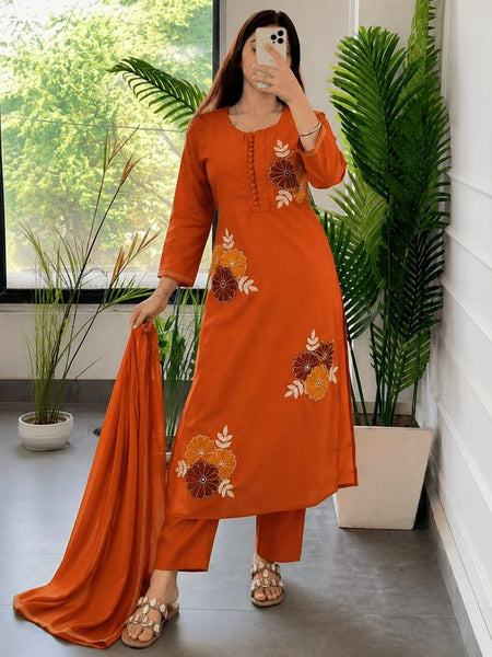 Embroidery Work Orange Cotton Suit Set
