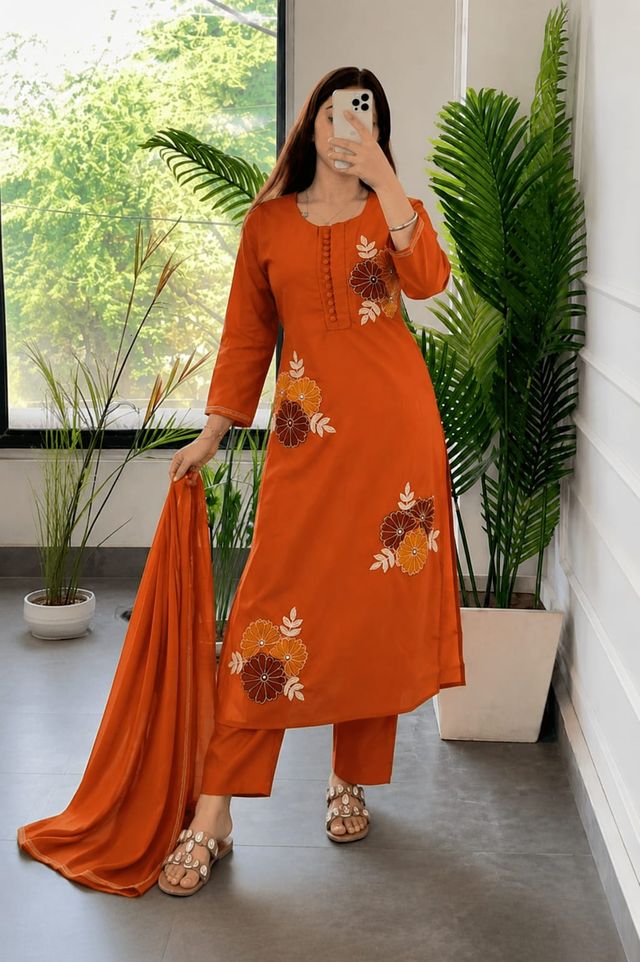 Embroidery Work Orange Cotton Suit Set