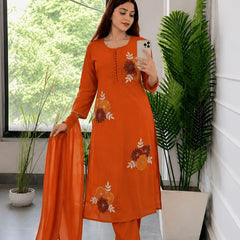 Embroidery Work Orange Cotton Suit Set