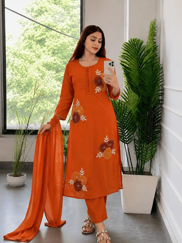 Embroidery Work Orange Cotton Suit Set