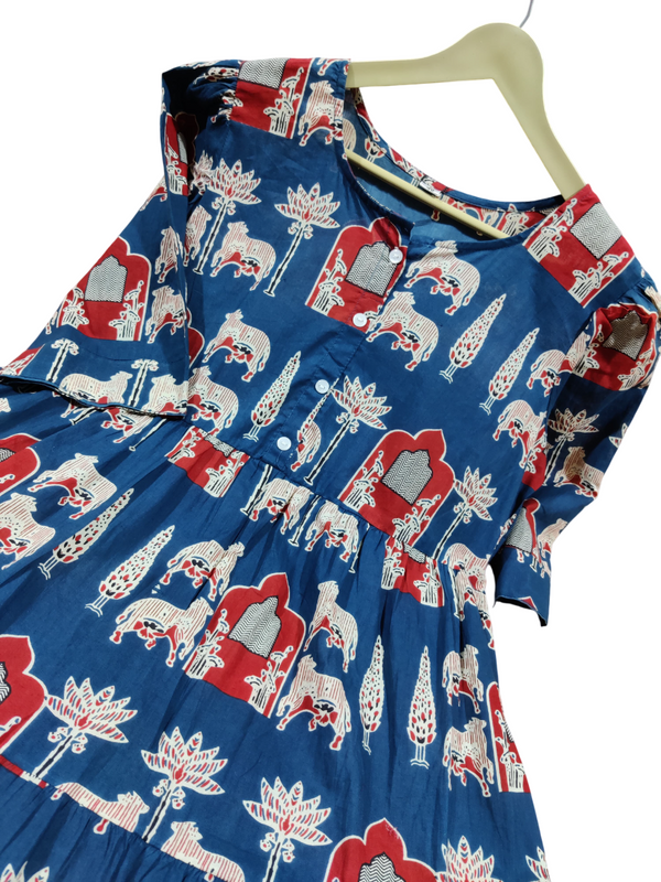 Printed Blue Cotton Middi Gown