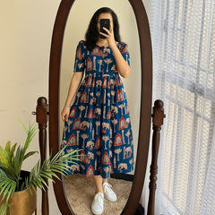 Printed Blue Cotton Middi Gown
