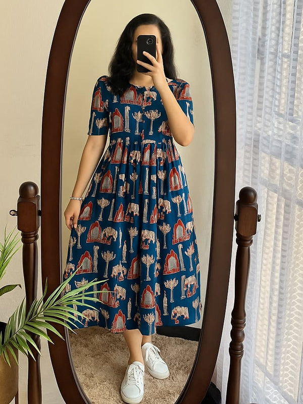 Printed Blue Cotton Middi Gown