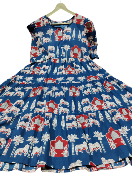 Printed Blue Cotton Middi Gown