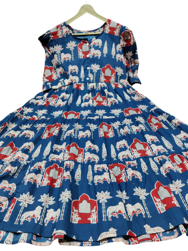 Printed Blue Cotton Middi Gown