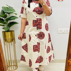 A-Line Printed Red Flex Cotton Co_erd Set
