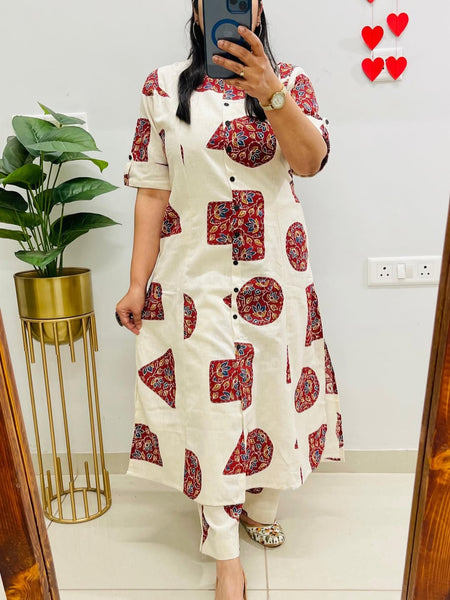 A-Line Printed Red Flex Cotton Co_erd Set