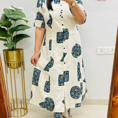 A-Line Printed Blue Flex Cotton Co_erd Set