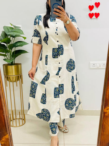 A-Line Printed Blue Flex Cotton Co_erd Set