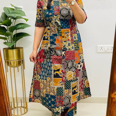 A-Line Printed Multicolor Cotton Co_erd Set