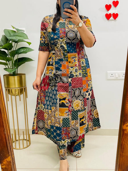 A-Line Printed Multicolor Cotton Co_erd Set