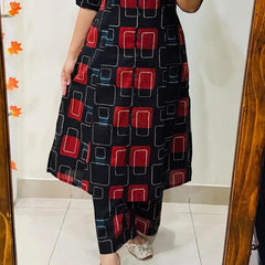A-Line Printed Black Cotton Co_erd Set