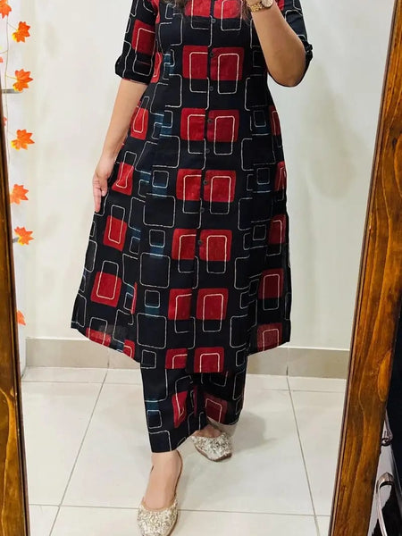A-Line Printed Black Cotton Co_erd Set