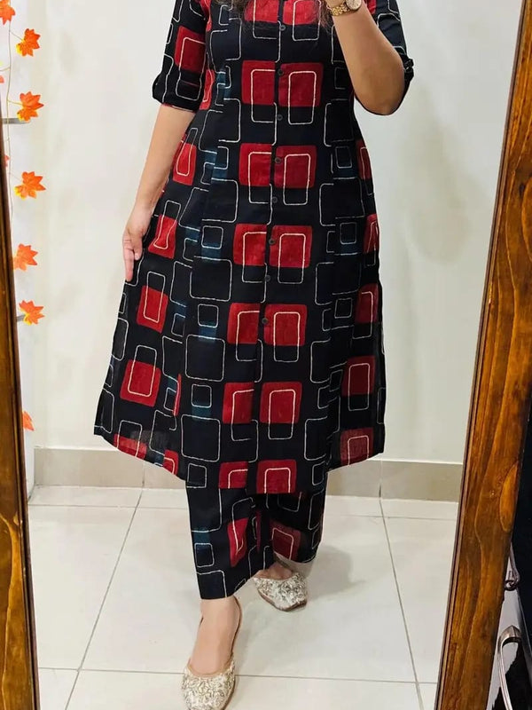 A-Line Printed Black Cotton Co_erd Set