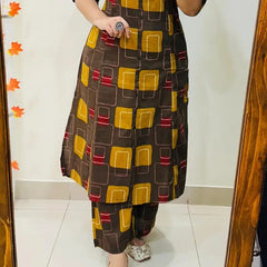 A-Line Printed Brown Cotton Co_erd Set