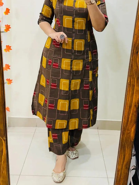 A-Line Printed Brown Cotton Co_erd Set