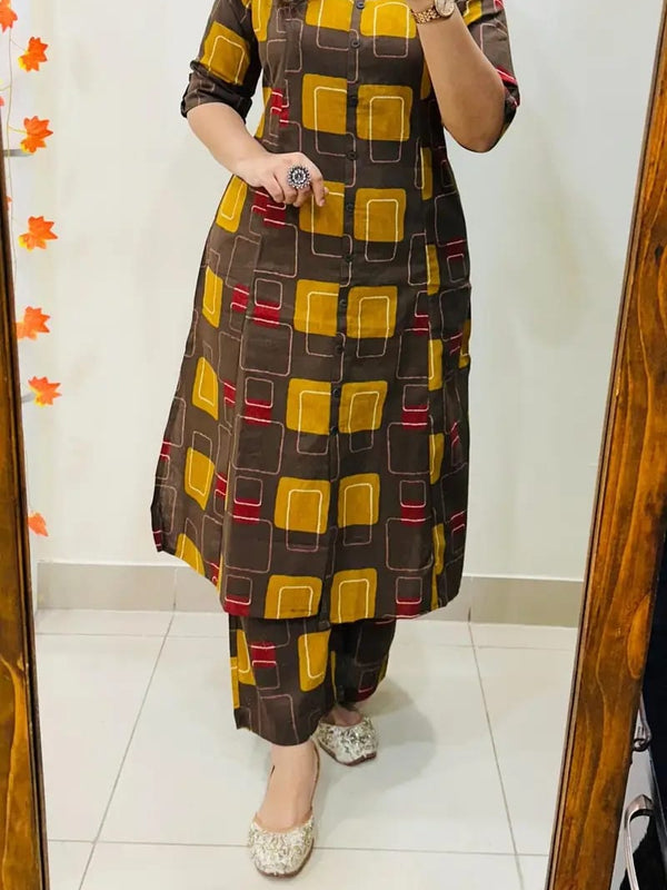 A-Line Printed Brown Cotton Co_erd Set