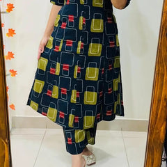 A-Line Printed Blue Cotton Co_erd Set