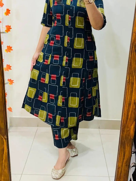 A-Line Printed Blue Cotton Co_erd Set