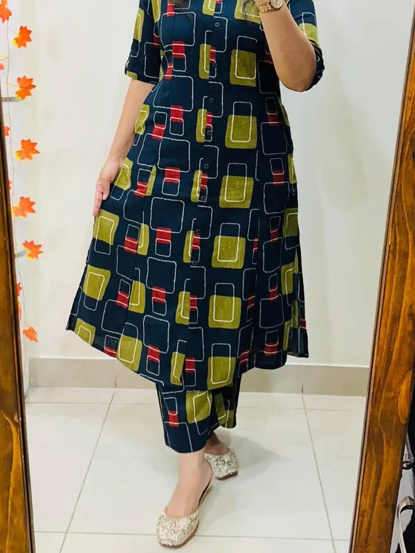 A-Line Printed Blue Cotton Co_erd Set