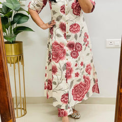 A-Line Floral Print Red Cotton Co_erd Set