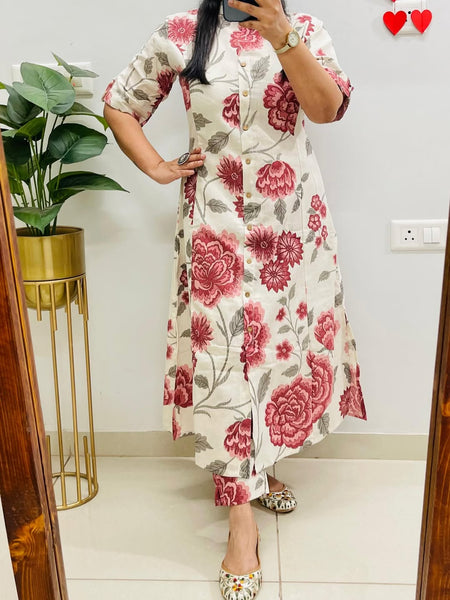 A-Line Floral Print Red Cotton Co_erd Set