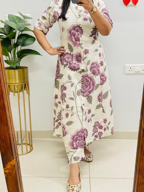 A-Line Floral Print Lavender Cotton Co_erd Set