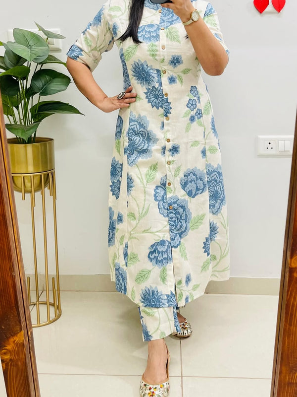 A-Line Floral Print Sky Blue Cotton Co_erd Set