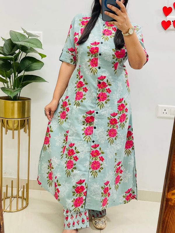 A-Line Printed Green Cotton Co_erd Set
