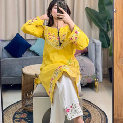 Embroidery Work Yellow Color Cotton Kurti Plazo Set
