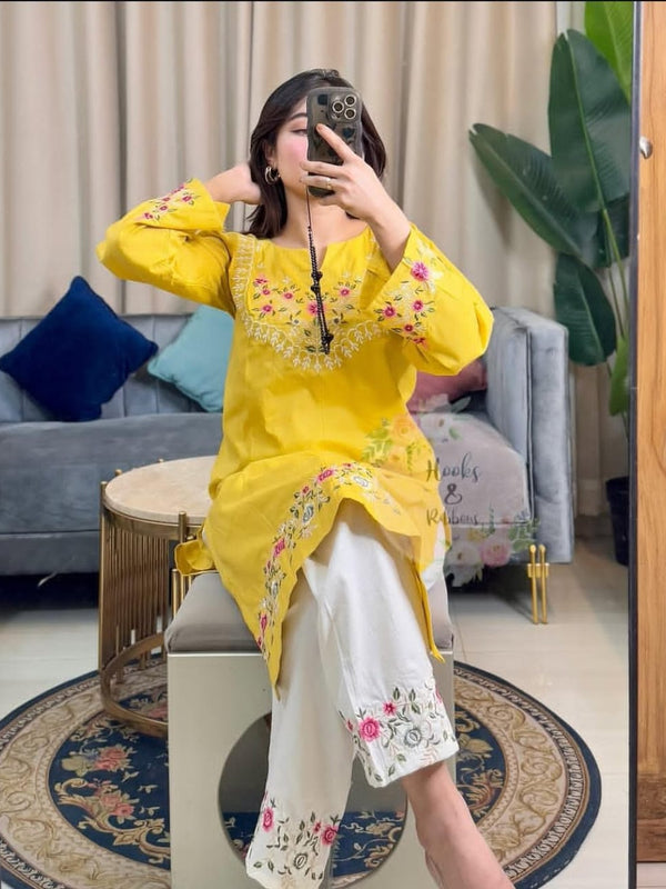 Embroidery Work Yellow Color Cotton Kurti Plazo Set
