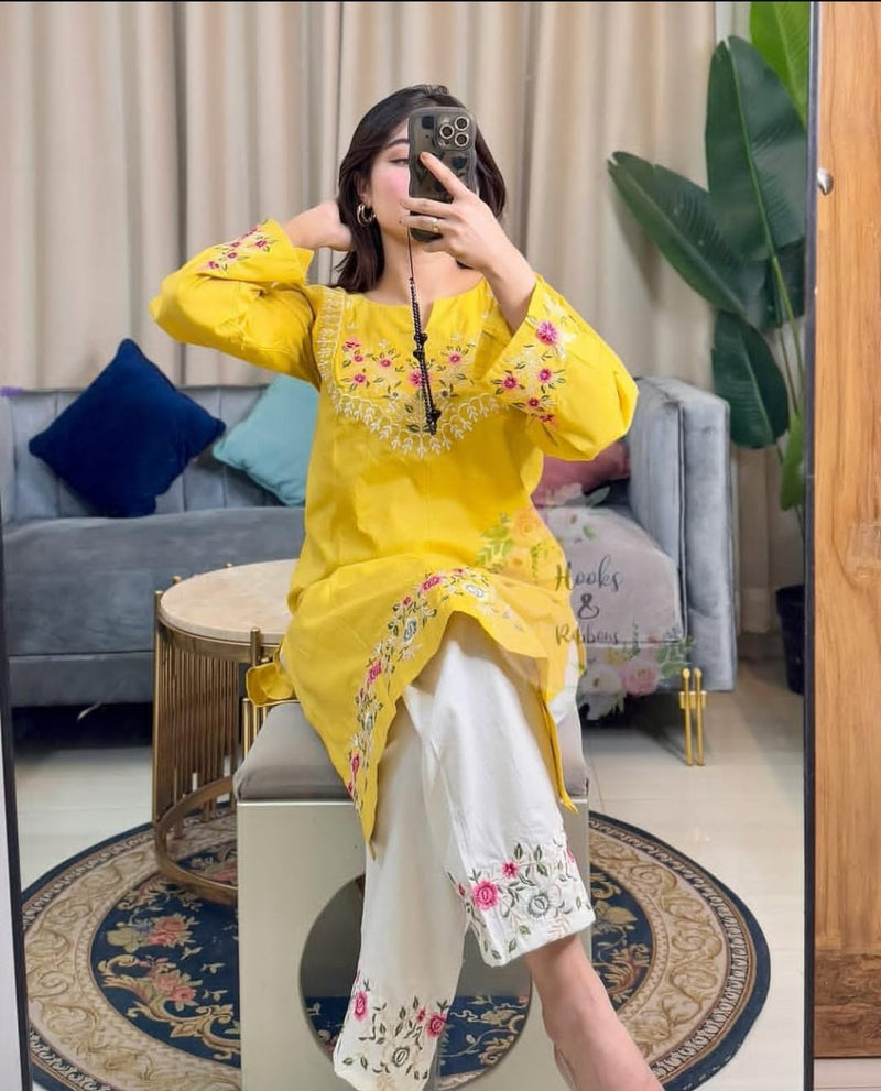 Embroidery Work Yellow Color Cotton Kurti Plazo Set