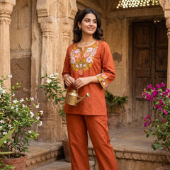 Embroidery Work Rust Color Cotton Co_erd Set