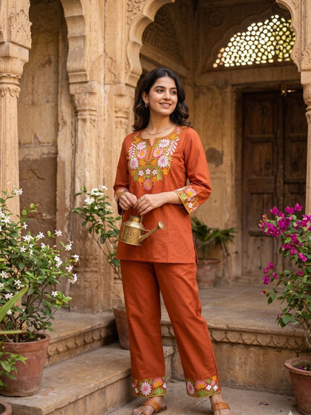 Embroidery Work Rust Color Cotton Co_erd Set