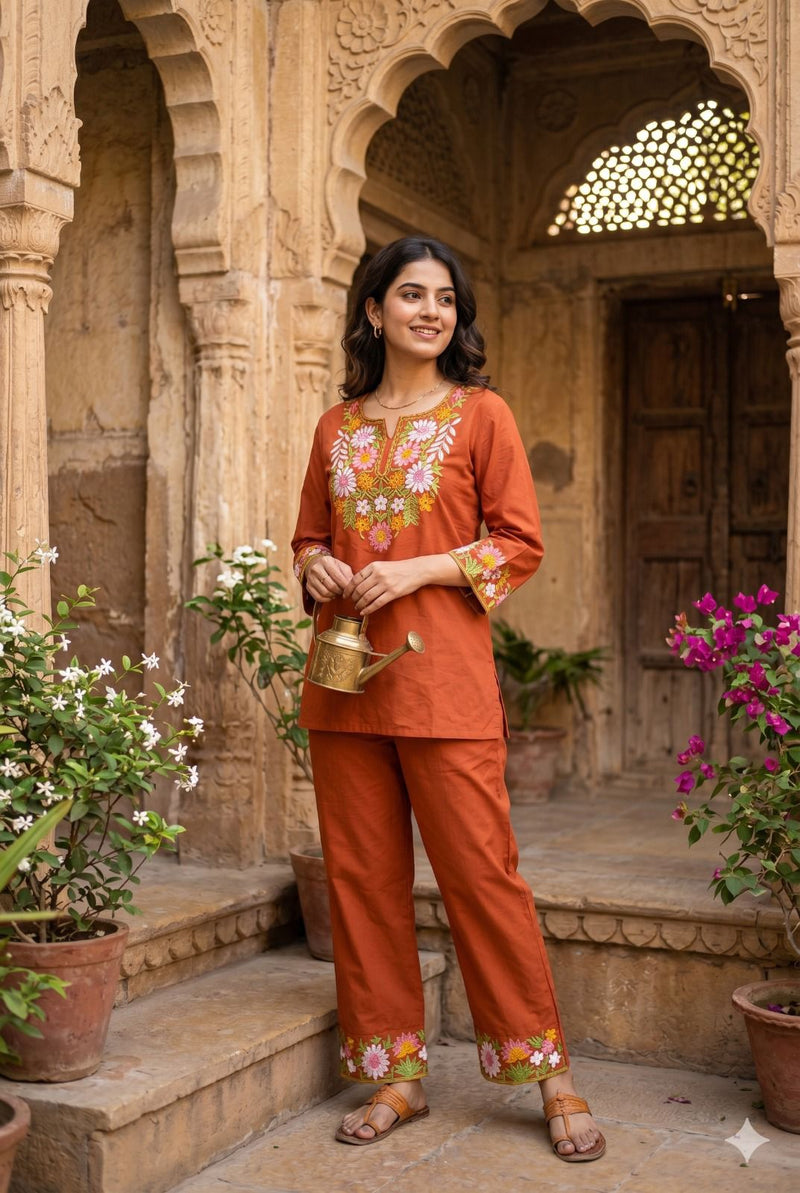 Embroidery Work Rust Color Cotton Co-ord Set
