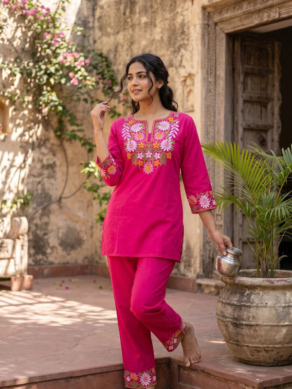 Embroidery Work Pink Color Cotton Co_erd Set