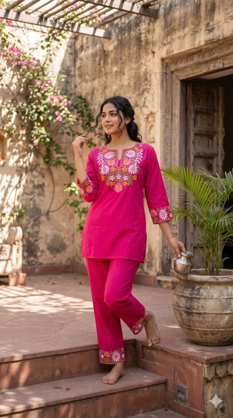 Embroidery Work Pink Color Cotton Co-ord Set