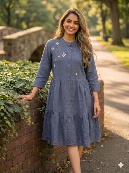 Embroidery Work South Cotton Blue Color Middy