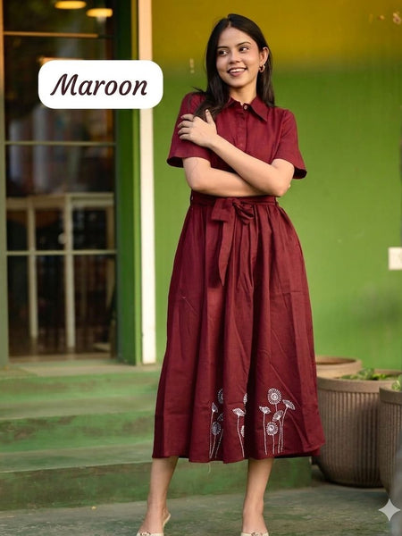 Embroidery Work South Cotton Maroon Color Middy