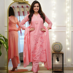 Handcrafted Pure Cotton 60-60 Embroidered Peach Suit Set