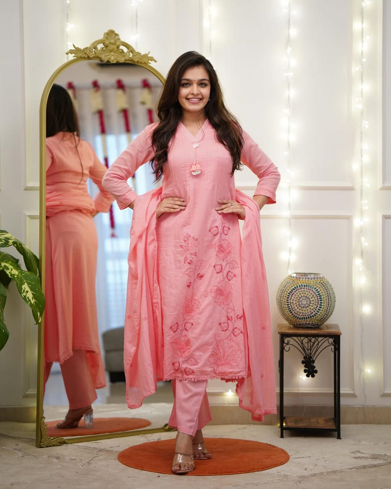 Handcrafted Pure Cotton 60-60 Embroidered Peach Suit Set